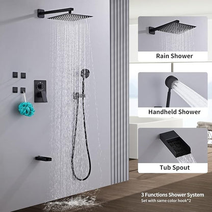 Matte Black Shower Tub Faucet Set, Wall Mounted 8 Inch | Shower Heads with Handheld Spray Combo and Tub Shower Faucet, Luxury Bathroom Square Rain Shower System
