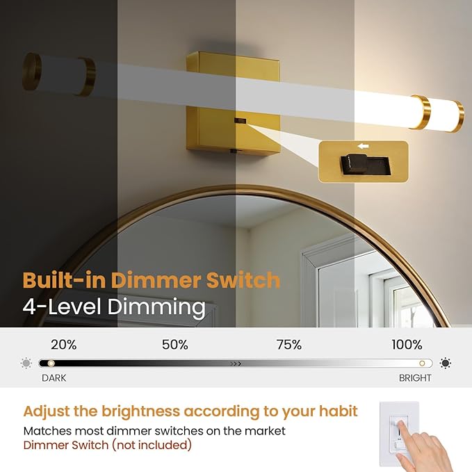 Gold Bathroom Light Fixtures - 23 Inch LED Modern Vanity Lights for Bathroom with Acrylic Shade 14W Dimmable 5CCT Bathroom Sconces Wall Lighting Over Mirror Cabinets(Built-in Dimmer)