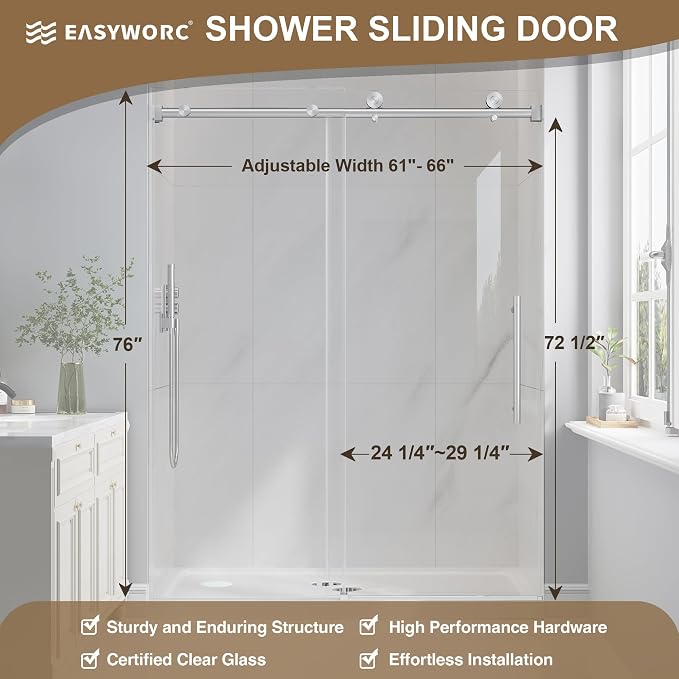 61-66" W x 76" H Frameless Sliding Shower Doors Brushed Nickel | 1/4''(6mm) Tempered Glass,Explosion Proof Film,Nano Coating,Stainless Steel Hardware,Easy to Clean,Customizable Width