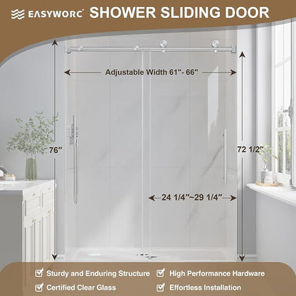 61-66" W x 76" H Frameless Sliding Shower Doors Brushed Nickel | 1/4''(6mm) Tempered Glass,Explosion Proof Film,Nano Coating,Stainless Steel Hardware,Easy to Clean,Customizable Width