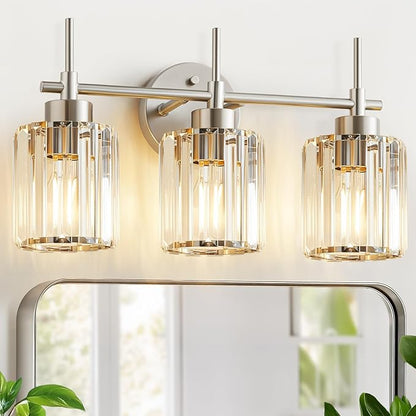 3 Light Crystal Bathroom Light Fixtures, Brushed Nickel Vanity Mirror Lights, Crystal Bath Vintage Wall Mounted Lamps Wall Light Fixtures for Bathroom, Living Room