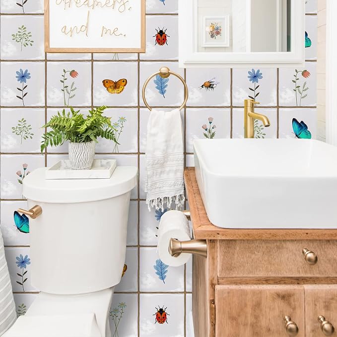 Alwayspon Vinyl Sticker Peel and Stick, Self-Adhesive Wall Tile Transfers Backsplash Sticker Decal for Kitchen Bathroom, 6x6inch/15x15cm 30Pcs, Insects and Plants T037