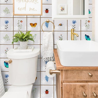 Alwayspon Vinyl Sticker Peel and Stick, Self-Adhesive Wall Tile Transfers Backsplash Sticker Decal for Kitchen Bathroom, 6x6inch/15x15cm 30Pcs, Insects and Plants T037