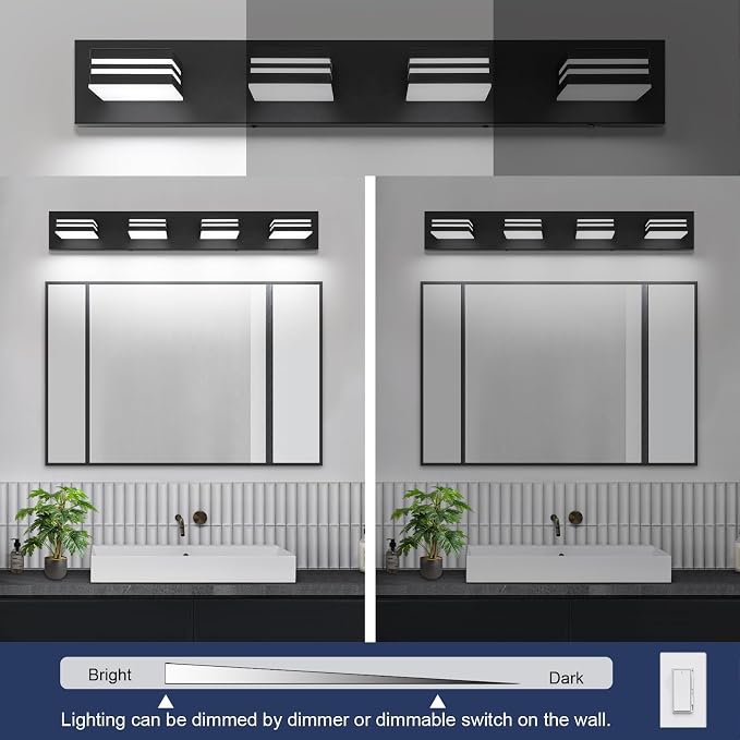 LED Modern Bathroom Vanity Light Fixtures (4-Light, 30-Inch)(5CCT, Dimmable), Matte Black Modern Bathroom Wall Lighting Fixtures Over Mirror (3000K/3500K/4000K/5000K/6000K)