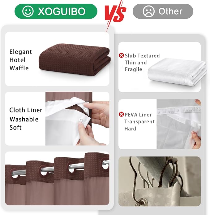 No Hook Shower Curtain and Liner Set,Brown Hotel Waffle Shower Curtain with Liner 75" L x 72" W