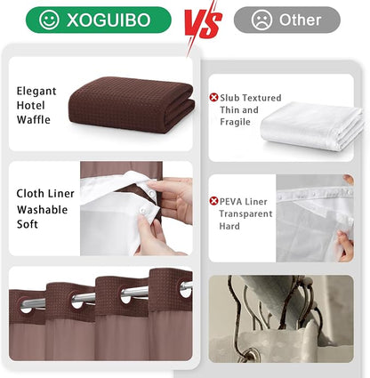 No Hook Shower Curtain and Liner Set,Brown Hotel Waffle Shower Curtain with Liner 75" L x 72" W