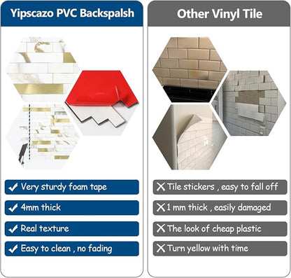 1 - Sheet Peel and Stick Backsplash Wall Tile, PVC Kitchen Backsplash, Stick on Tiles for Backsplash Kitchen (12'' X 12'', White with Gold)