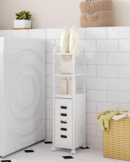 Bathroom Storage Cabinet - Toilet Paper Storage Cabinet, Small Toilet Paper Holder with 4 Wheels, Bathroom Organizer with Adjustable Shelf, for Small Spaces, White BC04613W