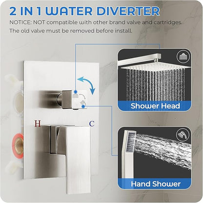Brushed Nickel Shower Faucet Set, 10 inch Rain Shower System w/Pressure Balance Valve, Wall Mounted 2-Functions Bathroom Shower Systems w/Rain Shower and Handheld Spray Shower Trim Included