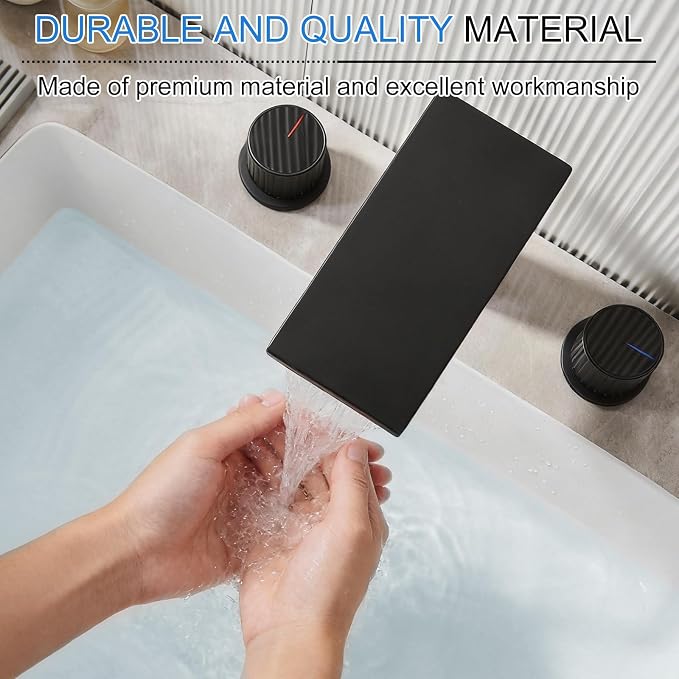 becola Black Bathroom Faucet 3 Hole, 8 inch Widespread Bathroom Faucet with Top Storage, Waterfall Bathroom Faucet，2-Handle Modern Vanity Faucet with Adjust Knobs and Two Supply Lines