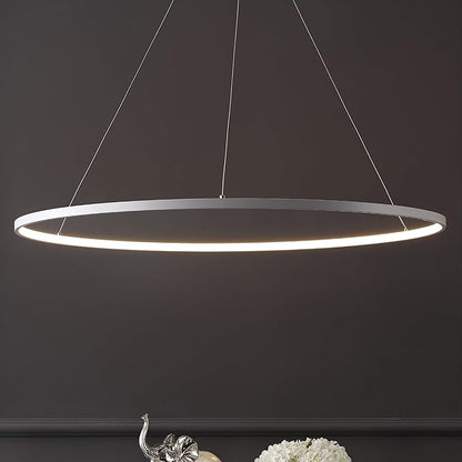 JONATHAN Y 35" Matte White Modern Integrated LED Pendant Light, Dimmable Round Hoop Chandelier for Kitchen Island, Dining Room, Adjustable Height Metal Hanging Light (JYL7220I)