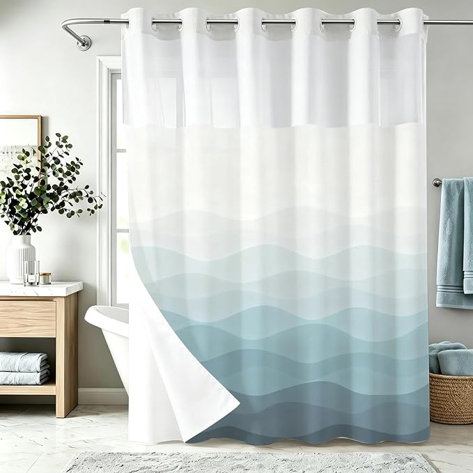 Modern Luxury Striped No Hook Shower Curtain Ocean Abstract Aesthetic | Funky No Hook Shower Curtain with Snap in Liner, Waterproof Ringless Shower Curtains for Bathroom 72x74 Inch Blue