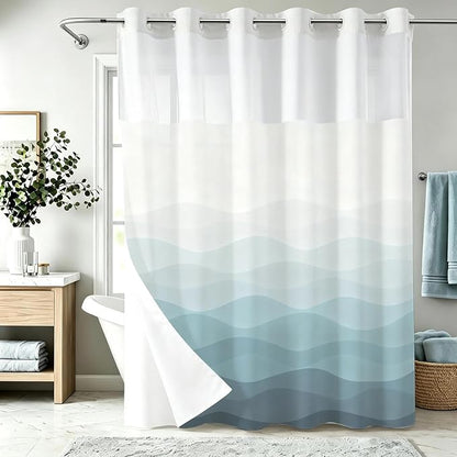 Modern Luxury Striped No Hook Shower Curtain Ocean Abstract Aesthetic | Funky No Hook Shower Curtain with Snap in Liner, Waterproof Ringless Shower Curtains for Bathroom 72x74 Inch Blue
