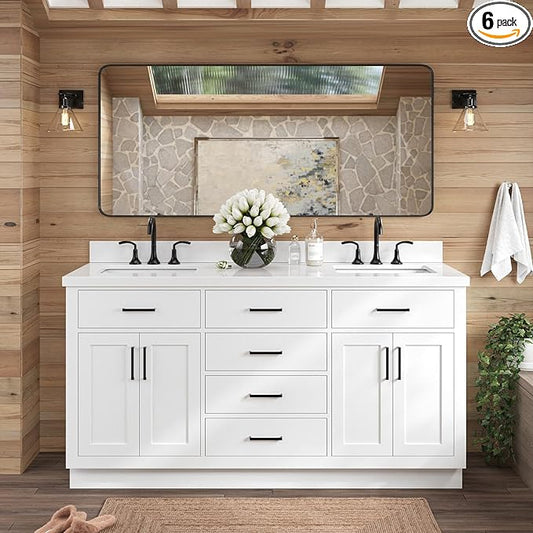 ARIEL Hepburn 66-inch Bathroom Vanity with Sink,Solid Wood, 1.5-inch Pure White Quartz Countertop & Backsplash, Double Rectangular Porcelain Sink, 4 Soft Closing Doors, 6 Dovetail Drawers, White