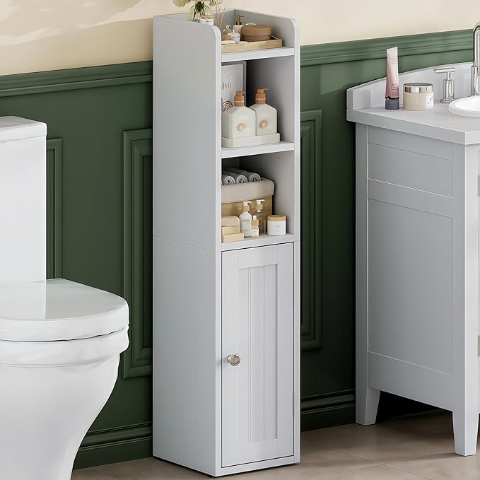 ChooChoo Small Bathroom Storage Cabinet, 7.1“W * 7.9”D Corner Floor Cabinet with Door and Adjustable Shelf, Narrow Toilet Paper Cabinets, Slim Bathroom Organizers for Small Spaces and Bathroom, White