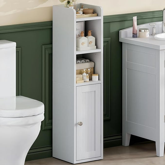 ChooChoo Small Bathroom Storage Cabinet, 7.1“W * 7.9”D Corner Floor Cabinet with Door and Adjustable Shelf, Narrow Toilet Paper Cabinets, Slim Bathroom Organizers for Small Spaces and Bathroom, White