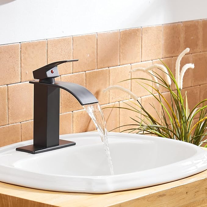 BWE Matte Black Bathroom Faucet Modern Waterfall Single Hole Faucet for Bathroom Sink Single Handle with Pop Up Drain with Overflow Assembly and Supply Line Lavatory Bath Faucet