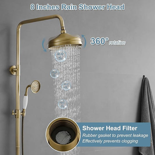 BWE Exposed Bathroom Shower Faucet Set Antique Brass Bathroom Shower Faucet Triple Functions 8 Inch Rainfall Shower Head Handheld Spray with Tub Spout Exposed Shower System Double Handle