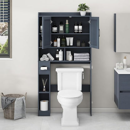 Vabches Over The Toilet Storage Cabinet with 2 Barn Doors, Blue | Farmhouse Storage Cabinet with Toilet Paper Holder Stand，Home Space-Saving Toilet Rack, for Bathroom, Restroom, Laundry