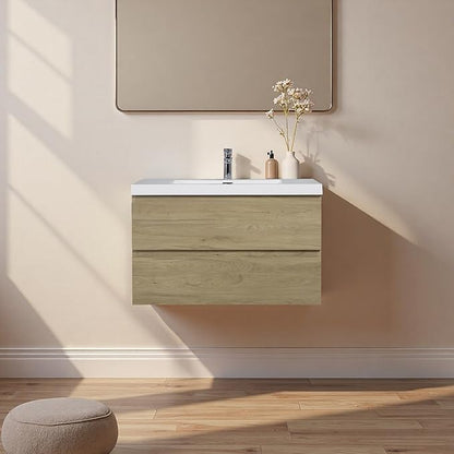 Floating Bathroom Vanity with Sink, 36" Wall-Mounted Bathroom Storage Cabinet with Resin Countertop & 2 Soft Close Drawers, Modern Stylish Vanity with Open Back Design, Easy to Clean, Oak