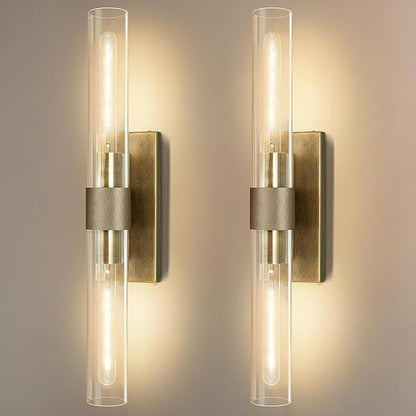 Wall Sconces Set of Two, Gold Bathroom Sconces Wall Lighting with Clear Glass, Modern Sconces Wall Decor Light Fixtures for Bathroom Mirror Living Room Hallway Bedroom