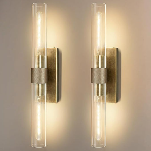 Wall Sconces Set of Two, Gold Bathroom Sconces Wall Lighting with Clear Glass, Modern Sconces Wall Decor Light Fixtures for Bathroom Mirror Living Room Hallway Bedroom