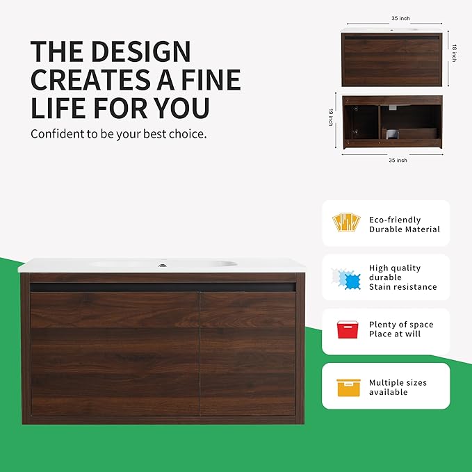 36 Inch Bathroom Vanity with Sink,Wall Mounted Bathroom Vanity Sink Combo w/Soft Close Door&Drawer for Large Space,Modern Floating Bathroom Vanity w/Top Basin&Brown Storage Cabinet
