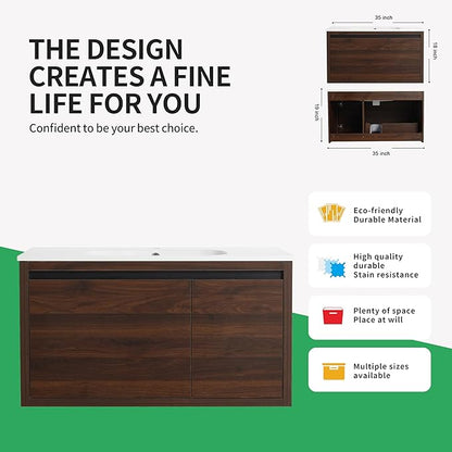 36 Inch Bathroom Vanity with Sink,Wall Mounted Bathroom Vanity Sink Combo w/Soft Close Door&Drawer for Large Space,Modern Floating Bathroom Vanity w/Top Basin&Brown Storage Cabinet