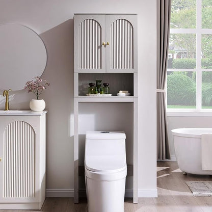 72" Over The Toilet Storage Cabinet, Modern Over Toilet Bathroom Organizer Shelf with Fluted Arched Doors, Wooden Free Standing Bathroom Storage Cabinet with Adjustable Shelf, Space Saver, Light Grey