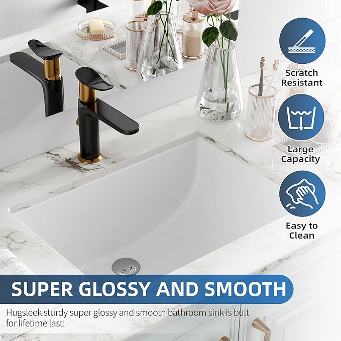 Undermount Bathroom Sink Rectangle, Hugsleek Interior Bowl Size 18.3 x 12.3 inch White Porcelain Ceramic Vessel Sink Under Counter Exterior Size 20x14in Rectangular Bath Sink Basin Lavatory Fireclay