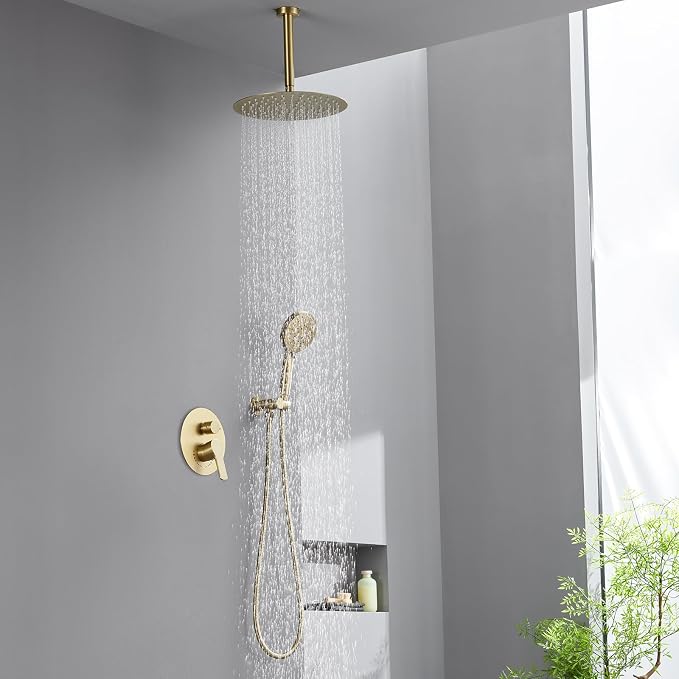 Brushed Gold Shower Faucet with Handheld Sprayer- 12 Inch Shower Head System Has Rain Shower Head and Handheld with Brass Valve- The Rainfall Shower Set for Bathroom Shower Fixtures