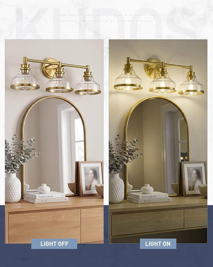 kudos 3-Light Brushed Gold Vanity Light, Clear Glass Shade | 24" bathroom light fixtures over mirror, upward or downward, E26 base, bulbs not included, Hardwired, KDVL20-GD-3