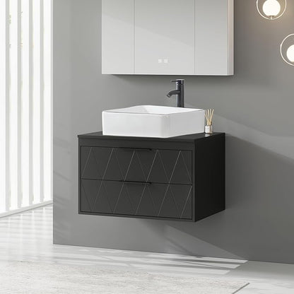 eclife 30" Floating Bathroom Vanities with Sink Combo, Wall Mounted Modern Cabinet W/Diamond Line Pattern Design, White Black Ceramic Vessel Sink W/Water Save Faucet & Pop Up Drain, Black