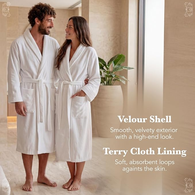 MONARCH Cotton Terry Velour Bath Robe Self-Tie Belt for Men or Women | Absorbent Inside, Smooth Outside, Generously Sized Hotel-Grade Robe, Dual Patch Pockets, Dryer-Safe, Machine Washable