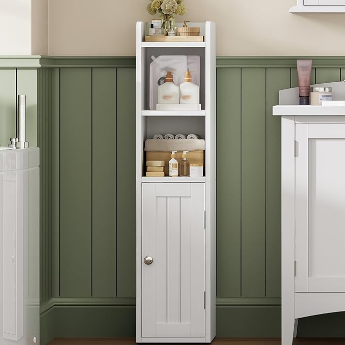 ChooChoo Small Bathroom Storage Cabinet, 7.1“W * 7.9”D Corner Floor Cabinet with Door and Adjustable Shelf, Narrow Toilet Paper Cabinets, Slim Bathroom Organizers for Small Spaces and Bathroom, White