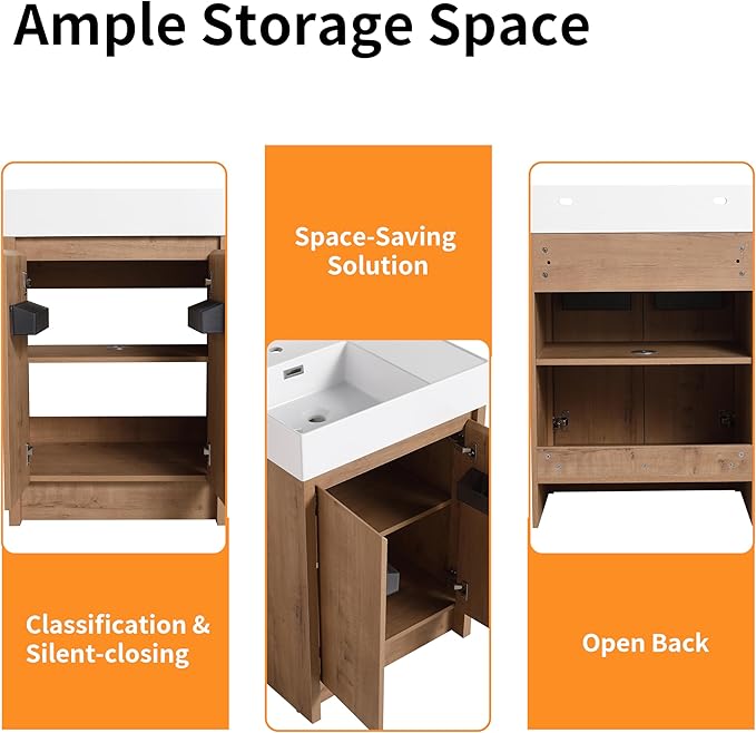 24'' Freestanding Bathroom Vanity, 24 Inch Floor Stand Bathroom Vanity with Sink, Single Resin Sink Cabinet Set, Modern Storage Cabinet, with Soft Closing Door, B03624IMO-+24120LMO
