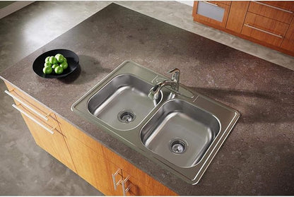 Dayton Stainless Steel 33" x 22" x 6-9/16", MR2-Hole Equal Double Bowl Drop-in Sink
