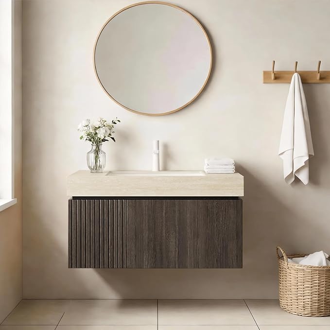 Ambrovina 36" Floating Bathroom Vanity with Sink, Modern Plywood Storage Vanities with Drawer and Door, Roma Travertine-Pattern Countertop and Ceramic Basin, Pre-Assembled Cabinet, Espresso Woodgrain