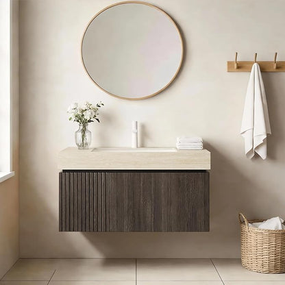 Ambrovina 36" Floating Bathroom Vanity with Sink, Modern Plywood Storage Vanities with Drawer and Door, Roma Travertine-Pattern Countertop and Ceramic Basin, Pre-Assembled Cabinet, Espresso Woodgrain