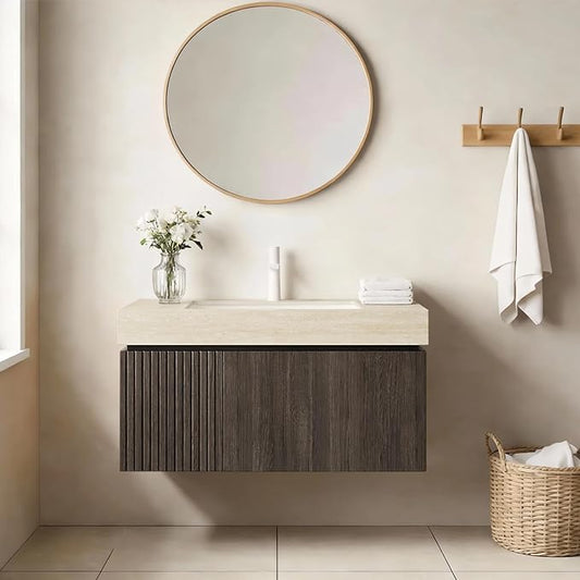 Ambrovina 36" Floating Bathroom Vanity with Sink, Modern Plywood Storage Vanities with Drawer and Door, Roma Travertine-Pattern Countertop and Ceramic Basin, Pre-Assembled Cabinet, Espresso Woodgrain