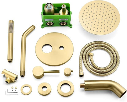 SUMERAIN Shower System with Tub Spout and Handheld Shower, Brass Rain Shower Tub Set with 8 Inches Shower Head and Rough in Valve Brushed Gold