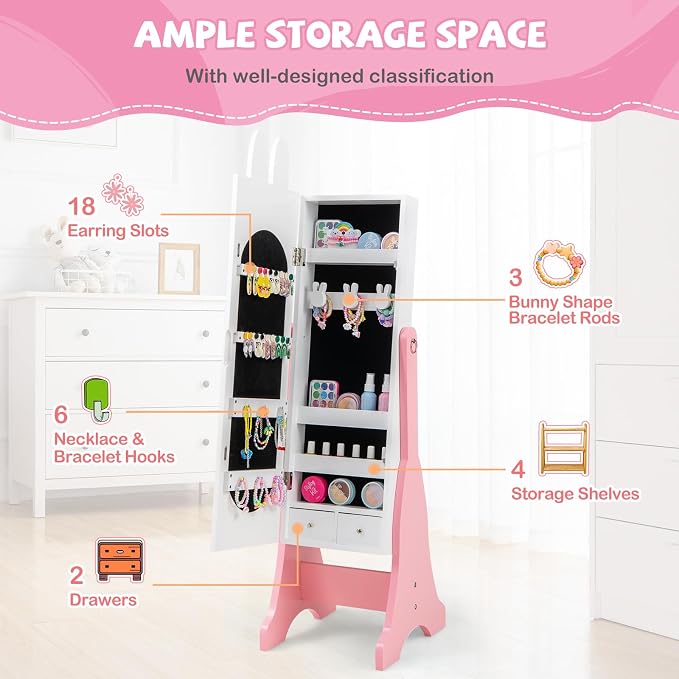 HONEY JOY Kids Jewelry Armoire Cabinet, Rabbit Themed Wooden Standing Jewelry Organizer w/Full-length Mirror and Storage Drawers, Children Dress Up Jewelry Cabinet for Little Girls (White)
