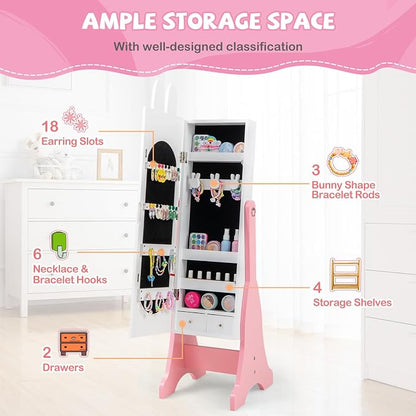 HONEY JOY Kids Jewelry Armoire Cabinet, Rabbit Themed Wooden Standing Jewelry Organizer w/Full-length Mirror and Storage Drawers, Children Dress Up Jewelry Cabinet for Little Girls (White)