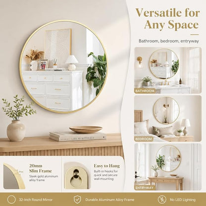 Garvee 18 Inch Round Wall Mirror Gold Metal Frame Modern Minimalist Design