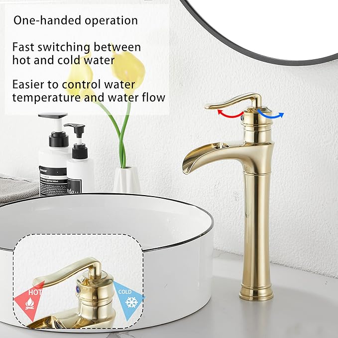 Brushed Gold Bathroom Faucet GGStudy Waterfall Bathroom Faucet Single Handle One Hole Tall Body Farmhouse Bathroom Vessel Sink Faucet Vanity Faucet Matching with Pop Up Drain