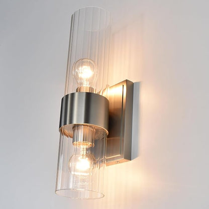 Modern Bathroom Sconces Wall Lighting with Clear Ribbed Glass, Brushed Nickel 2-Light Bathroom Vanity Light Fixtures for Mirror Living Room Hallway Bedroom