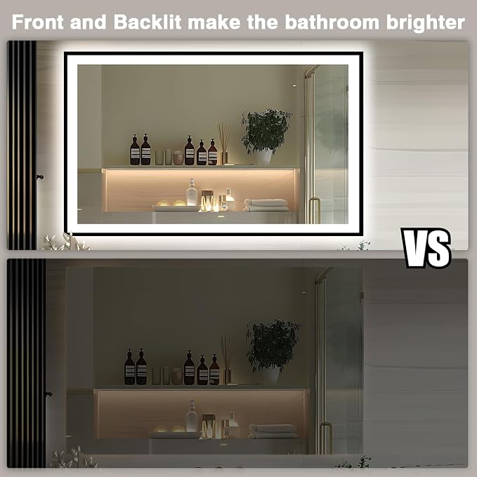 EchosLife 66x36 LED Lit Bathroom Mirror - Black Framed | Black Frame, Front and Backlit, Anti-Fog, Stepless Dimmable, 3 Colors, Memory, Tempered Glass, UL Listed, Horizontal/Vertical