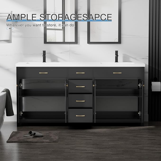 LUCKWIND 72" Modern Bathroom Vanity with Sink Combo, Contemporary Painted Storage Cabinet and Double White Sink, Include Soft-Closing Doors & Matte Black Faucet, Black