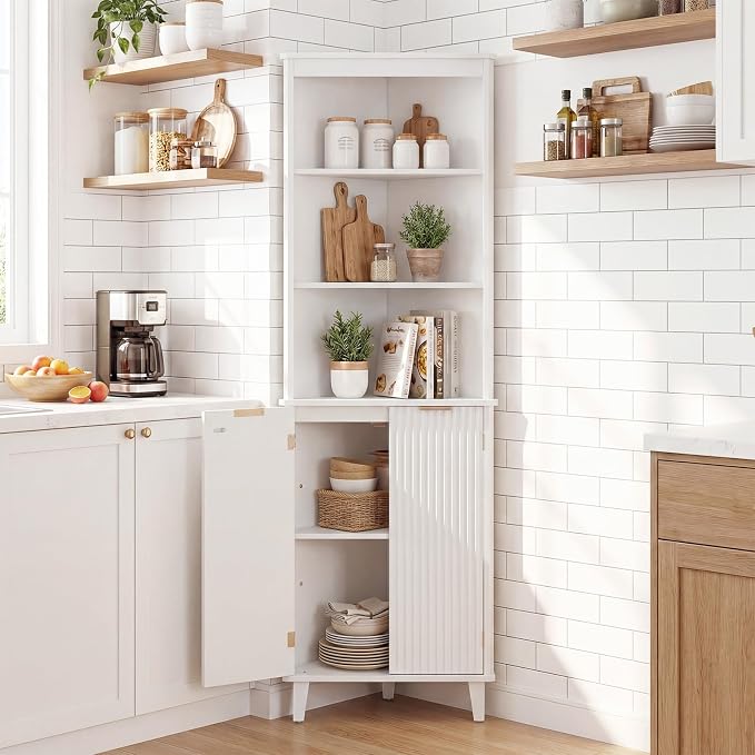 Giantex 68" Tall Corner Cabinet with Fluted Doors (White) | Modern Bathroom Floor Storage Cabinet, 6-Tier Space Saver Display Shelves for Kitchen, Living Room, Hallway, Laundry