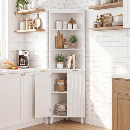 Giantex 68" Tall Corner Cabinet with Fluted Doors (White) | Modern Bathroom Floor Storage Cabinet, 6-Tier Space Saver Display Shelves for Kitchen, Living Room, Hallway, Laundry